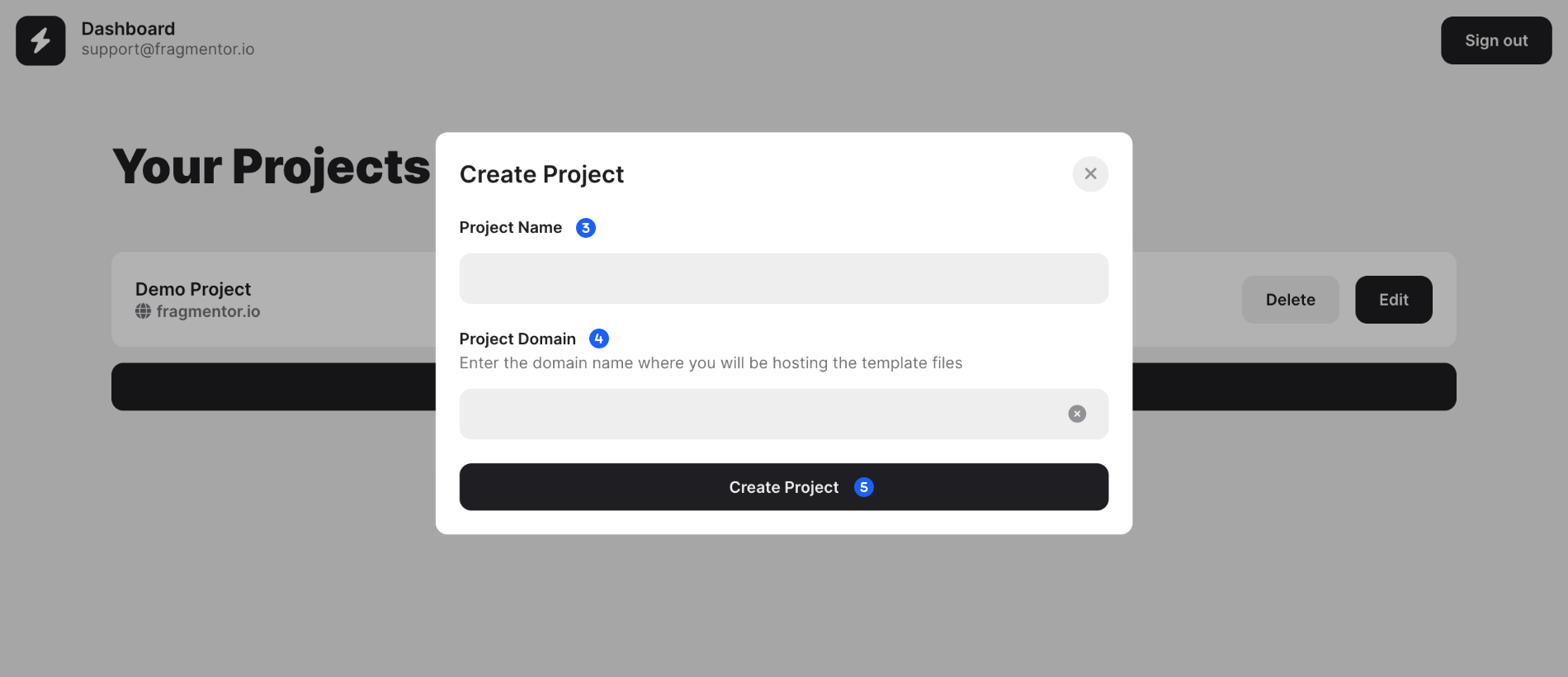 Modal shown upon creating a project